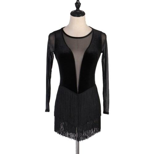 New Latin Dance Costume Women Long Sleeve Black Fringe Dress Latin Competition Dresses Female Rumba Performance Clothes DQL1621