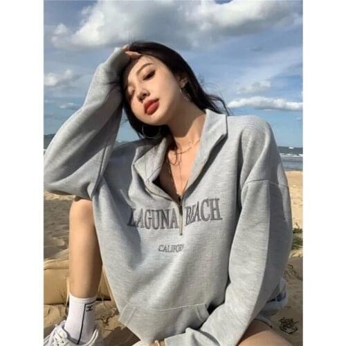 The new street Harajuku blouse retro sweater mid-length female Y2K pullover half zipper letters wild round neck loose pocket