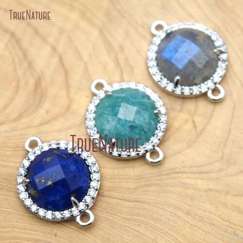 10Pcs Amazonite, Labradorite Double Bail Pendant Clear Zircon Micro Pave Silver Faceted Circle Connector For Less 13mm PC15699