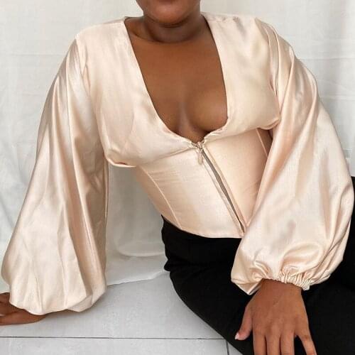 Short Tops And Blouse Office Lady White Shirt for Women Blouse Zipper V-neck OL Shirt Woman Lantern Sleeve Blouses Femme Tops