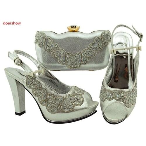 Doershow High Quality Matching silver Italian Shoes And Bag Set For Evening Party In gold Shoes And Matching !SWD1-5