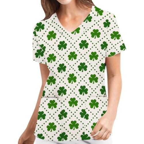 Women Non-positioning Tshirt St. Patrick Leaf Print Short Sleeve Carer Top V-neck Pocket Tshirt Camiseta Mujer Verano #P3
