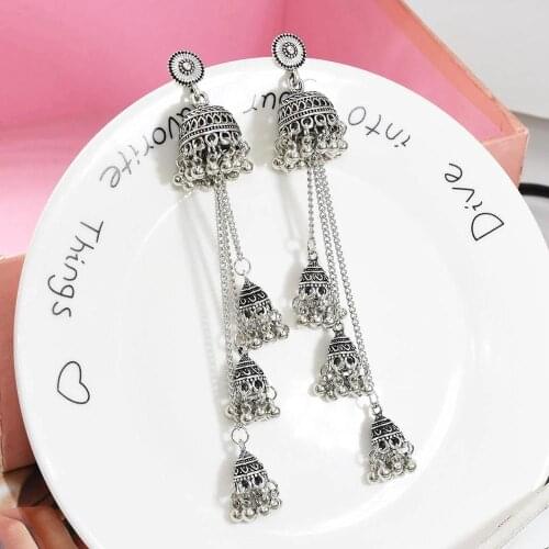 Boho Vintage Jhumka Statement Earring Bells Long Tassel Drop Earrings for Women Ethnic Round brincos Gypsy Indian Jewelry