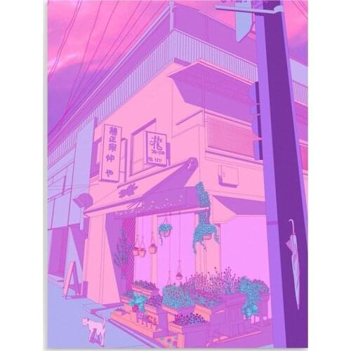 HD Prints Flower Shop Canvas Painting Wall Art Japan Street and Cat Poster Home Decor Bedroom Modular Scenery Pictures Framed