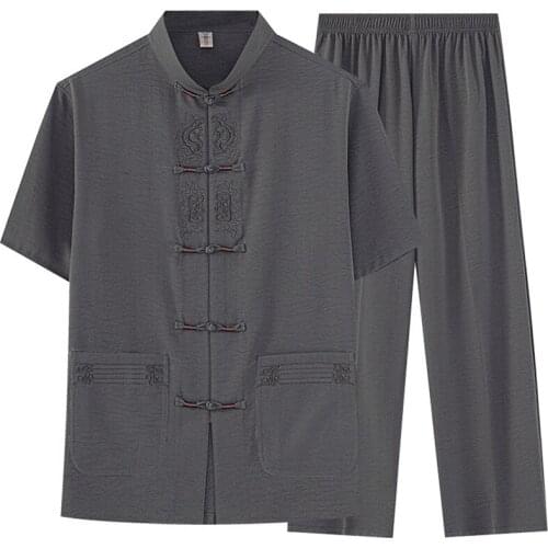 Chinese Clothing for Men Tang Suit Vintage Embroidery Short Sleeve Tops Trousers Taichi Uniform Summer Male Hanfu Shirts Pants