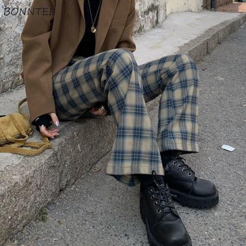 Plaid Pants Women Flare Vintage Slim Korean Style Chic Trendy Popular All-match College Leisure Ulzzang Female Bottom Streetwear