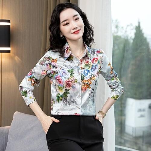 Fashion Floral Print Satin Silk Blouse Korean Style Elegant Office Ladies Button Up Shirt Spring Fall Pink Green Womens Tops