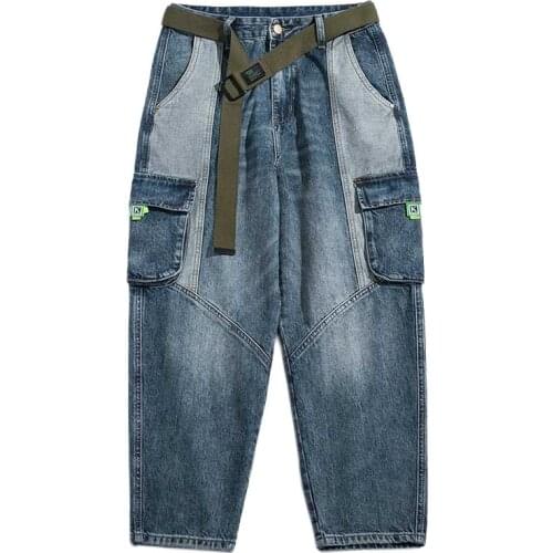 Japanese Style Trendy Baggy Jeans Men Casual Retro Denim Streetwear Trousers Pockets Cargo Pants