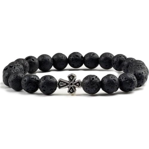 Trendy Jesus Cross Volcanic Stone Men Stretch Bracelets Matte Black Lava 8MM Beads Energy Yoga Bracelets & Bangles Women Jewelry