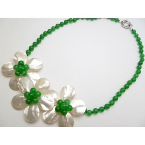 Fashion Jewelry 3 White Mother Pearl Shell Flower Green bead Necklace