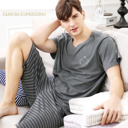 Summer New Knitted Cotton Short Sleeve Men Pajamas Sets Male Pajama Set Letter Pajama For Men Sleepwear Suit Homewear Size XXXXL