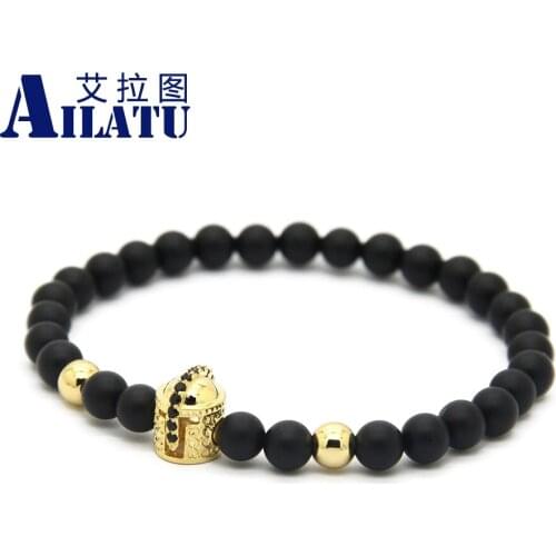 Ailatu New Design Bracelet Wholesale 6mm Real Matte Onyx Stone with Micro Pave Double-face Spartan Helmet Bracelets Party Gift