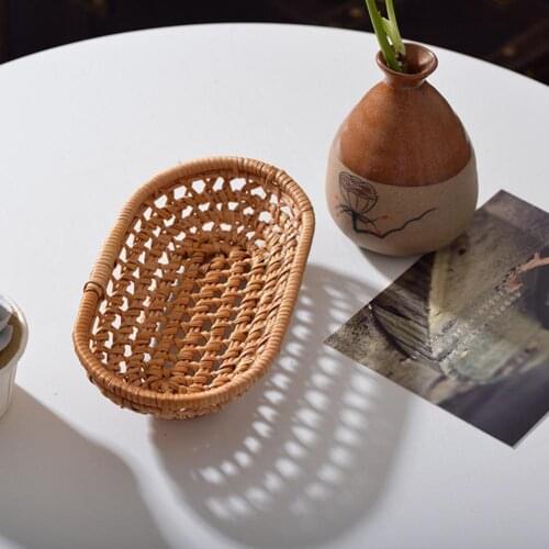 Rattan Bread Storage Tray Dinner Coffee Breakfast Serving Tray Oval Hand-Woven Tea Tray Home Decoration Crafts