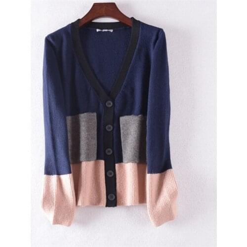 Wool polyester blend patchwork color knit women fashion Vneck thick cardigan sweater XS-M retail wholesale