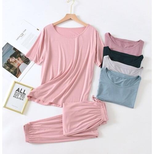 Womens Pajamas Summer Sleepwear Lounge Set Simple Solid Color Short Sleeve and Long Pants Suit Home Clothes for Women Homewear
