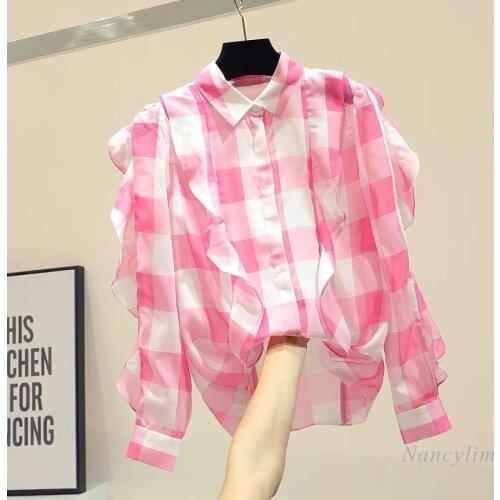 Plaid Chiffon Shirt for Women 2021 Spring Summer New Korean Style Loose Lotus Leaf Top Ladies Students Blouses Blusas
