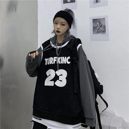Deeptown Punk Hoodie Women Patchwork Long Sleeve Sportwear Kpop 2021 Fashion Korean Style Oversized Streetwear Grunge Tracksuit