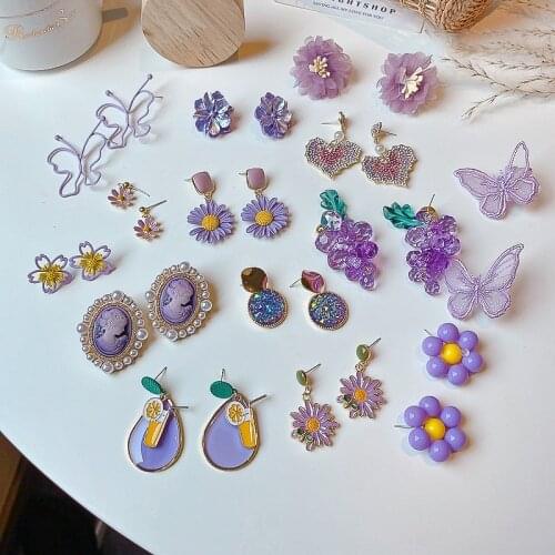 2020 Unique Design Purple Flowers Butterfly Drop Earrings for Women Sweet Fairy Mystery Shiny Crystal Resin Yarn Earring Jewelry