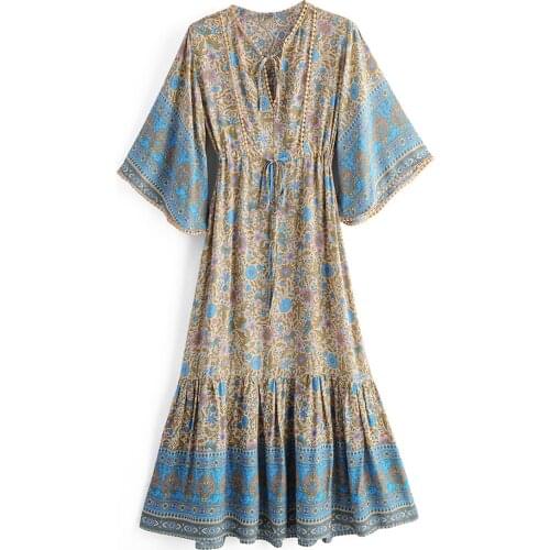 TEELYNN Bohemia 2020 midi dress women vintage cotton floral print summer dresses beach casual boho flare half sleeve vestidos