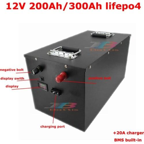 2000 cycles Lifepo4 12V 200Ah 300Ah Lifepo4 battery pack with 4S BMS for motorhome solar system campers RV+20A charger