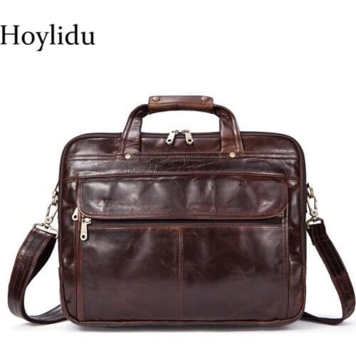 2018 Mens Genuine Leather Briefcase Fashion Vintage Black Handbags Large Capacity Crossbody Bag Male Casual Travel Shoulder Bag