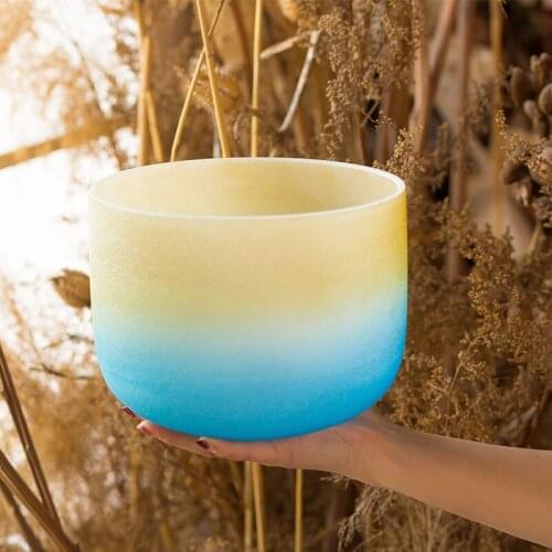 Shiny gold blue 8Inch G Note Throat Chakra Blue Inside colored Frosted Quartz Crystal Singing Bowl for Meditation