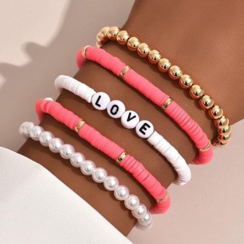 Bohemian Bracelet Set for Women LOVE Lettle Pearl Soft Pottery Colorful Holiday Beach Bracelet AM3084