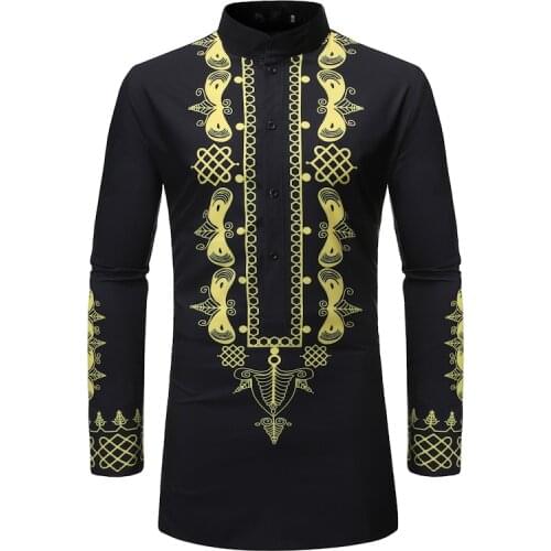 Black African Dashiki Robe Print Dress Shirt Men Fad Brand Hip Hop Streetwear African Clothes Men Casual Shirts Chemise Homme