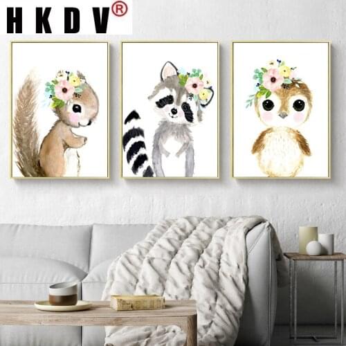 HKDV Nordic Kid Room Home Decor Canvas Painting Flower Head Bunny Squirrel Child Poster Animal Wall Art Nursery Print Picture