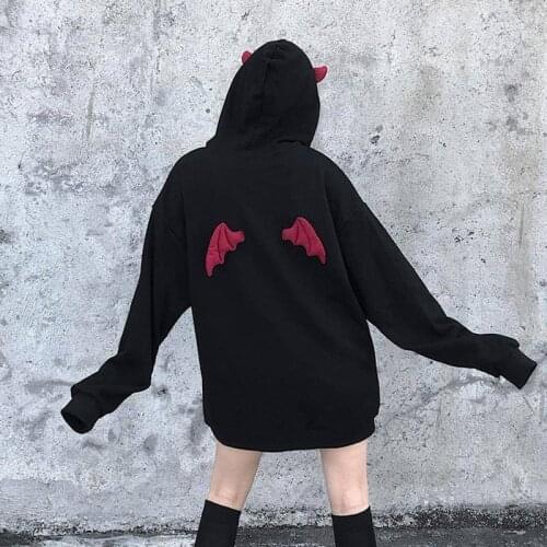 Autumn Warm Hoodie Sweatshirt Women Fashion Harajuku Devil Wing Patchwork Hoodies Sweatshirt Female Casual Streetwear Japan Tops