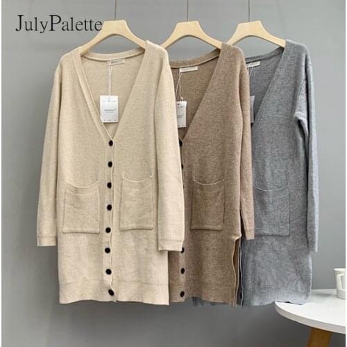 JulyPalette 2021 Autumn Winter Loose Knitted Cardigan Coats Casual Women Single-breasted Full Sleeve Female Midi Knitted Jackets