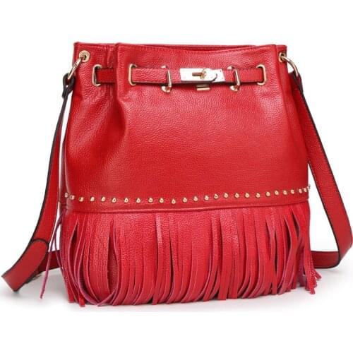 2021 Hot Sale New Bucket Bag Women PU Leather Shoulder Bag Fashion Rivet Tassel Bag Single Women Handbags Messenger Bag LadiesQ6