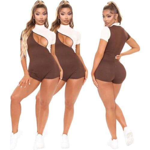 Fashionable Patchwork Jumpsuits Womens Half High Neck Zipper Short Sleeve Skinny Playsuits Casual Straight Slim Shorts Rompers