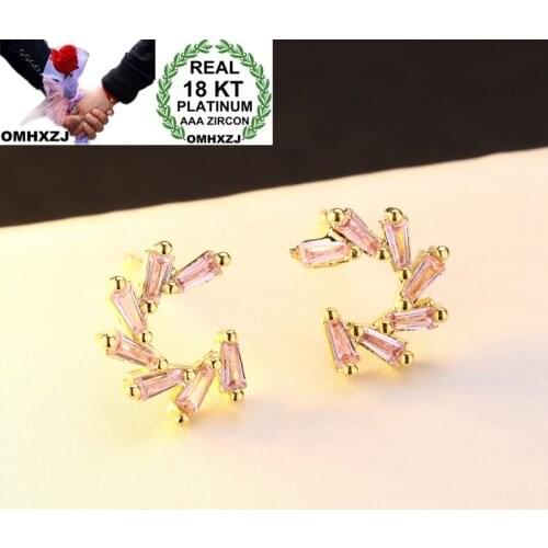 OMHXZJ Wholesale European Fashion Woman Girl Party Wedding Gift Pink AAA Zircon 18KT White Gold Yellow Gold Stud Earrings EA189