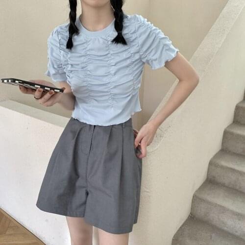 Chic Irregular Pleated Tshirt Female Korean Harajuku Womens T-shirts Tops Japanese Kawaii Ladies Ulzzang Clothes For Women