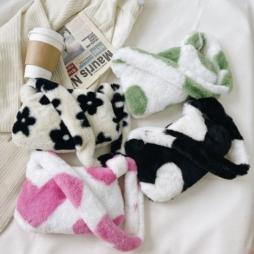 Fashion Women Winter Soft Plush Flower Pattern Small Shoulder Bags Female Underarm Bags Faux Fur Handbag Furry Fluffy bolsas