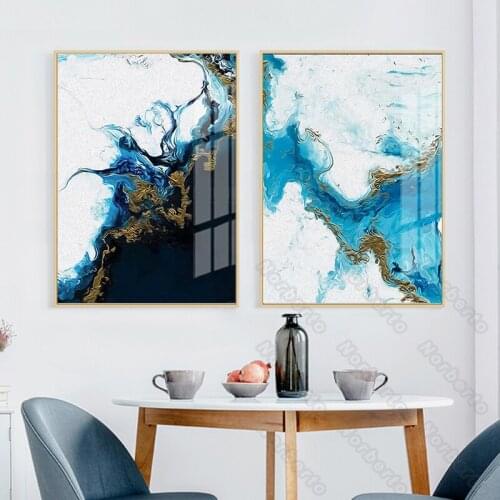 Nordic Canvas Painting Poster and Hd Print Abstract Pictures Sea Blue and Golden Fluid Pigment for Home Rooms Wall Decoration