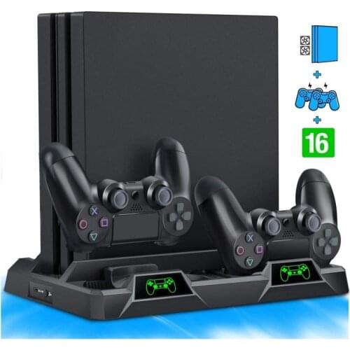 Vertical Cooling Stand For PS4 Console Dual Controller Game Charger With LED Indicator 16 Game Storage Multi-Function Radiator