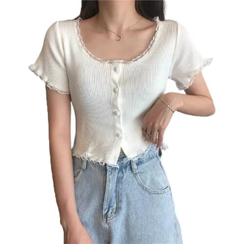 O Neck Ruffles Short Sleeve T Shirt Women Summer Casual Button Crop Top Basic Blue Pink T Shirt Tops harajuku y2k aesthetic