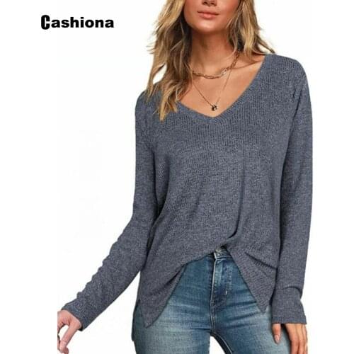 Cashiona Plus size Women Casual T-shirt Solid Color V-neck Loose Womens Clothing 2020 Spring Autumn Sexy Tees Top Gray Femme