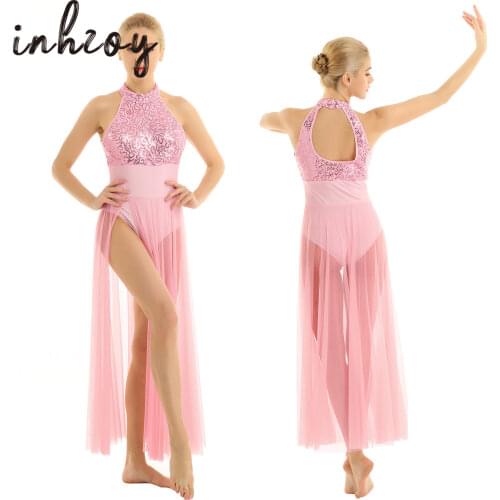 Women Shiny Sequins Sleeveless Mesh Ballet Figure Skating Dress Gymnastics Leotard Stage Performance Adult Lyrical Dance Costume