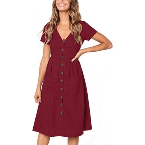 Women summer dress V-neck Knee Length Buttons Pocket Party Slim A-line Dress Beachwear summer dress vestidos de mujer casual