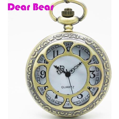 1061) Vintage Brass Hollow-out Flower Pocket Watch Necklace 12 pcs/lot wholesale