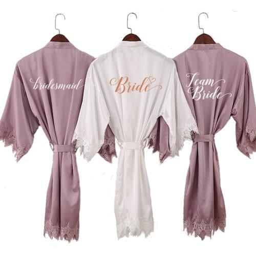 2020 sexy bride lace robe mauve satin short Lace bridesmaid shower gift wedding party dressing team sister kimono robes