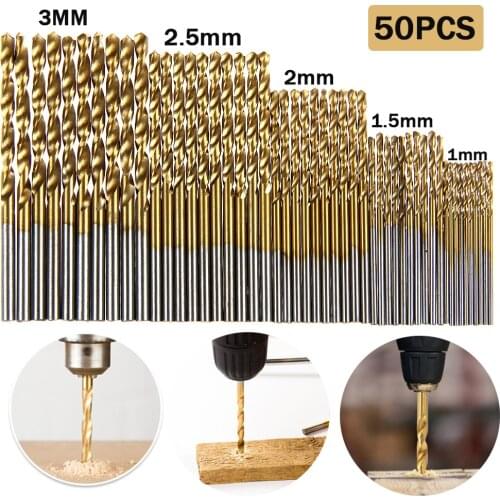 50Pcs Titanium Coated HSS High Speed Steel Drill Bit Set Tool 1/1.5/2/2.5/3mm Straight Shank Twist Drill Bits For Woodworking
