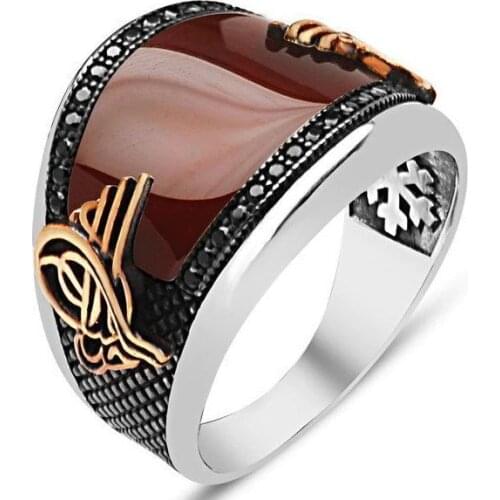 925 sterling Silver Ottoman Tuğralı Red Agate Stone Ring