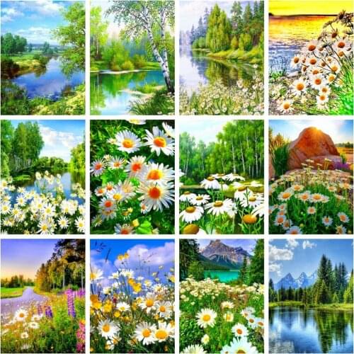 Huacan 5D Diamond Embroidery Cross Stitch Daisy Flower Full Square Diamond Painting Mosaic Landscape Home Decor Art