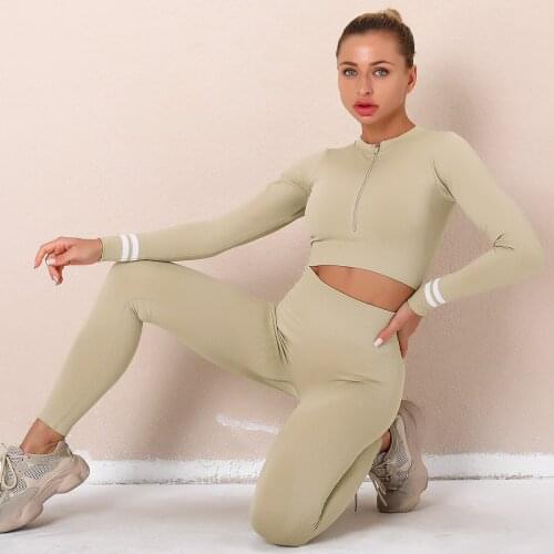 2pcs Seamless Gym Set Fitness Clothing Women Sports Clothing Sportswear Female Workout Legging Khaki Zipper Crop Top Sport Suits
