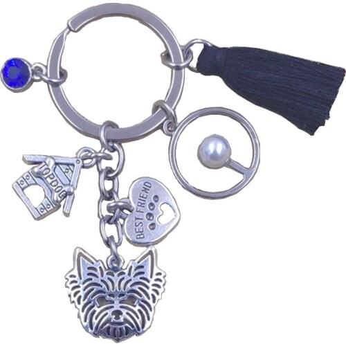 Yorkshire Terrier Dog Animal Ethnic Handmade Keychain Key Ring Pet Tassels Vintage Silver Color Women Men Jewelry K042-043-174