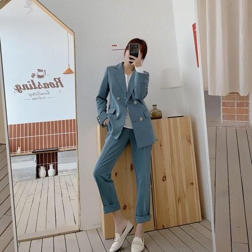 Casual Women Pant Suits Notched Collar Double Breasted Blazer Jacket & Pencil Pant Female Suit Spring Autumn Office Lady Sets